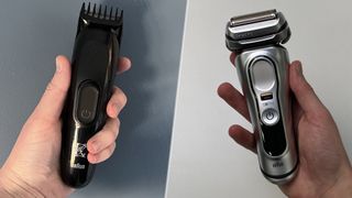 A beard trimmer (left) and electric shaver (right)
